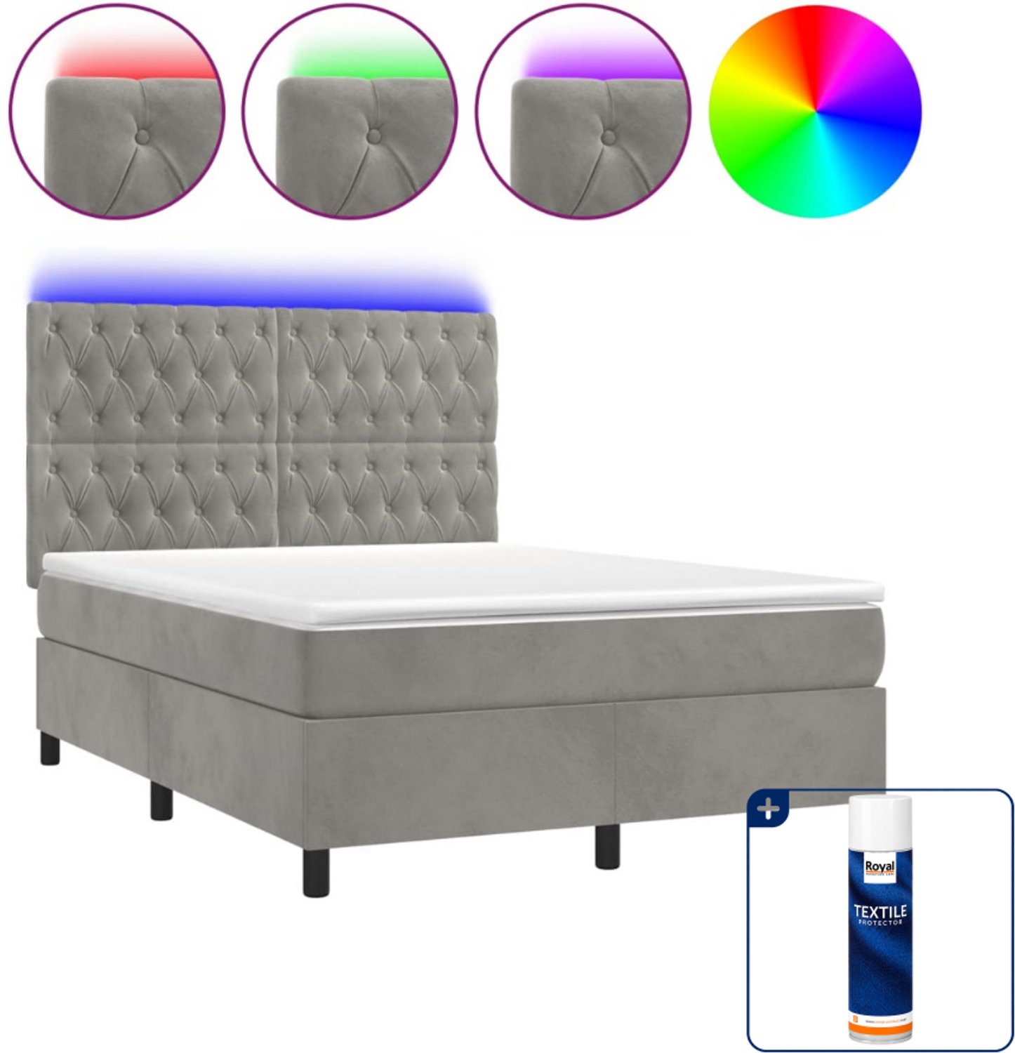 vidaXL boxspring met matras - small double 140x200 cm - fluweel - lichtgrijs - Inclusief textielbeschermer 500 ml
