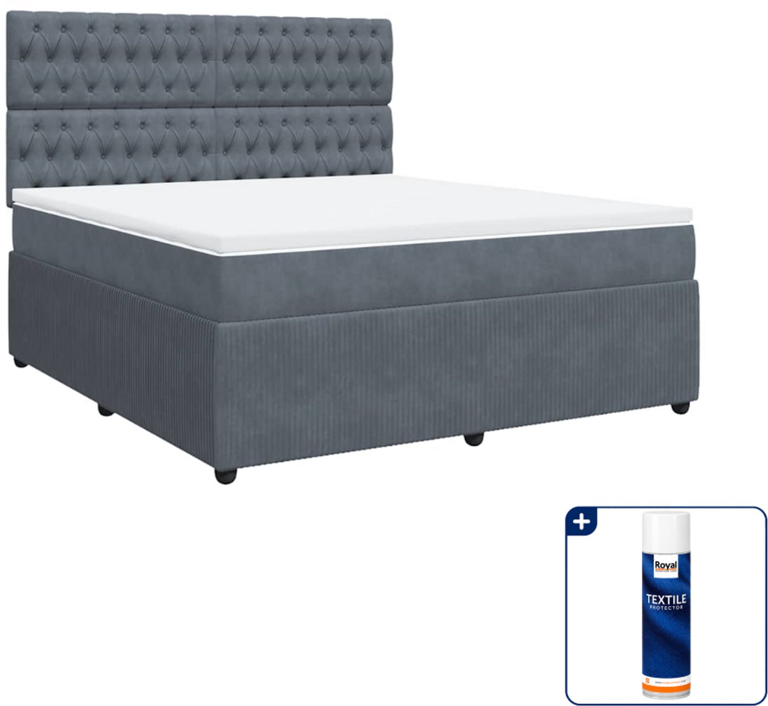 vidaXL Kingsize boxspring met matras - 180 x 200 cm - fluweel - donkergrijs - Inclusief textielbeschermer 500 ml