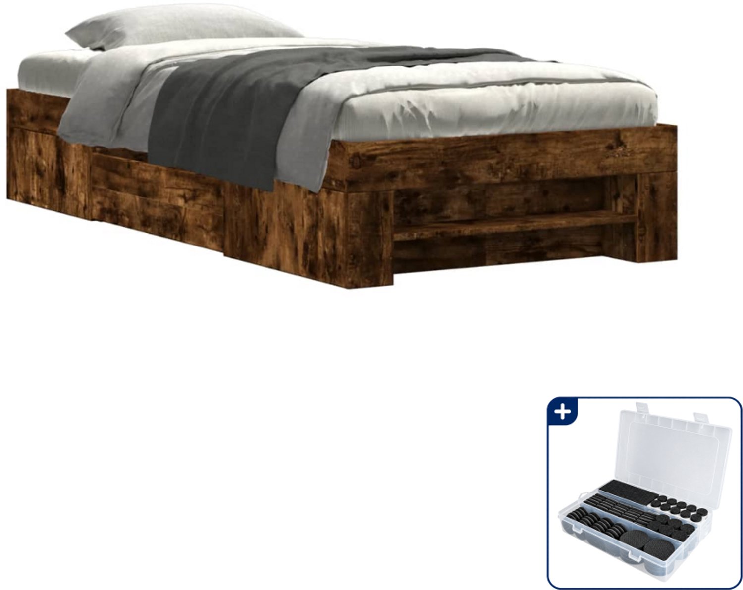 vidaXL bedframe - 90 x 200 cm - bewerkt hout - gerookt eiken - Inclusief antikrasvilt 177-delig Bruin