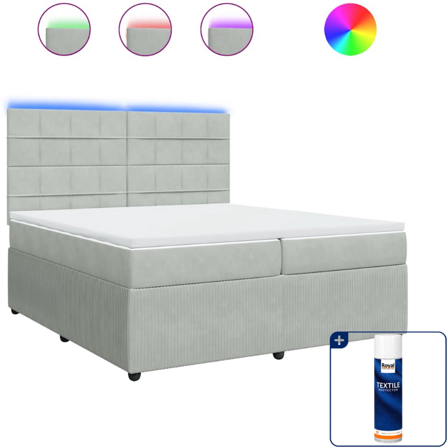 vidaXL Super kingsize boxspring met matras - 200 x 200 cm - fluweel - lichtgrijs - Inclusief textielbeschermer 500 ml