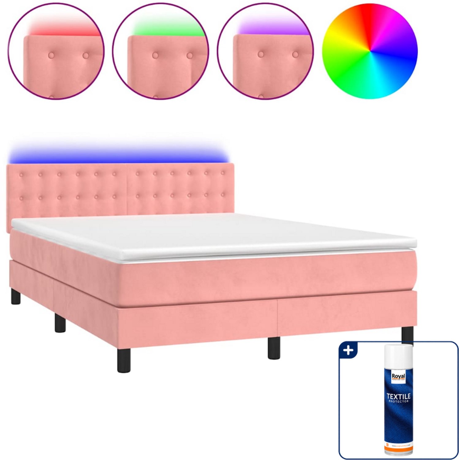 vidaXL Boxspring met matras en LED - 140 x 190 cm - fluweel - roze - Inclusief textielbeschermer 500 ml