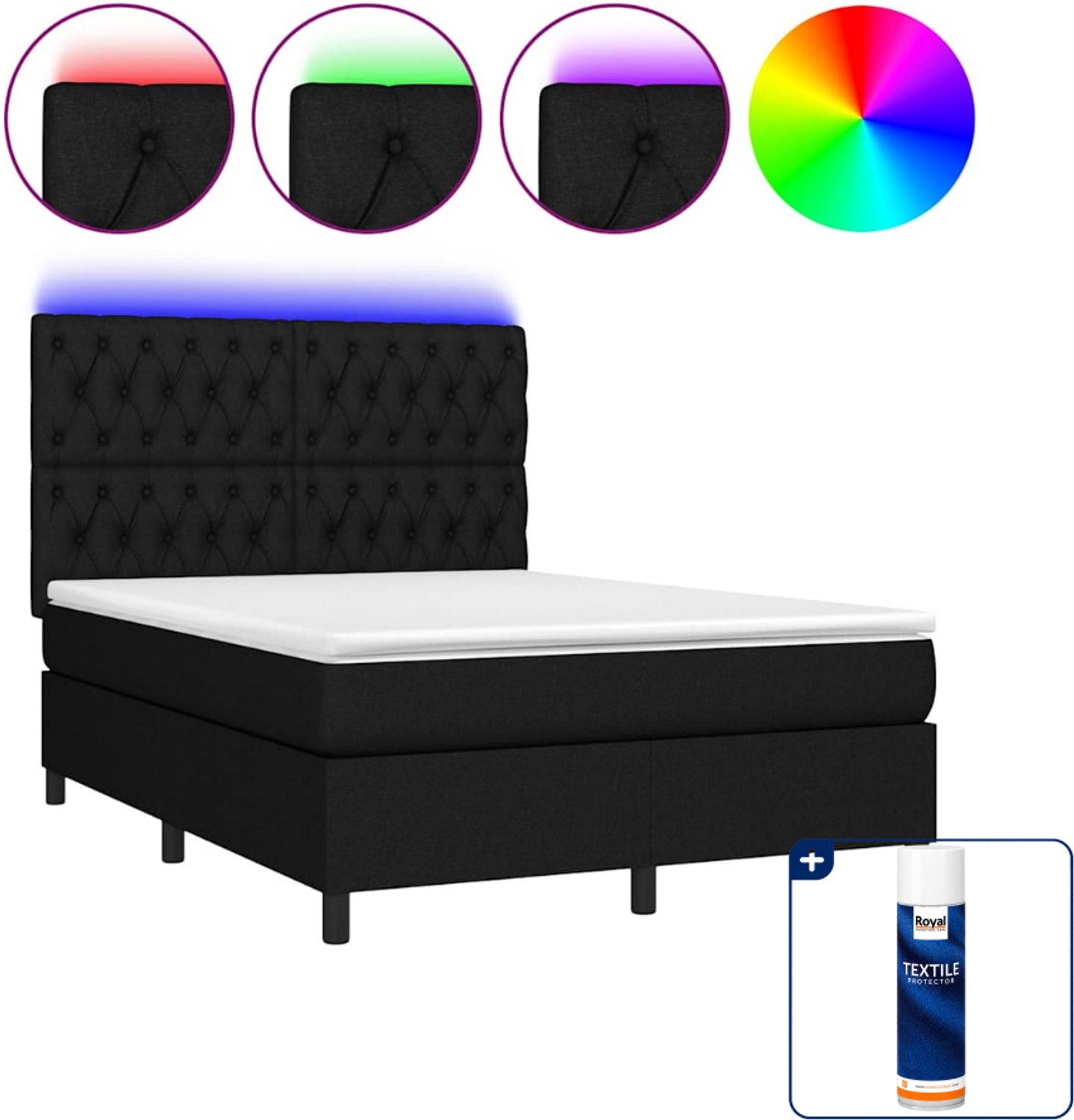 vidaXL boxspring met matras en LED - 140 x 190 cm - zwart - Inclusief textielbeschermer 500 ml