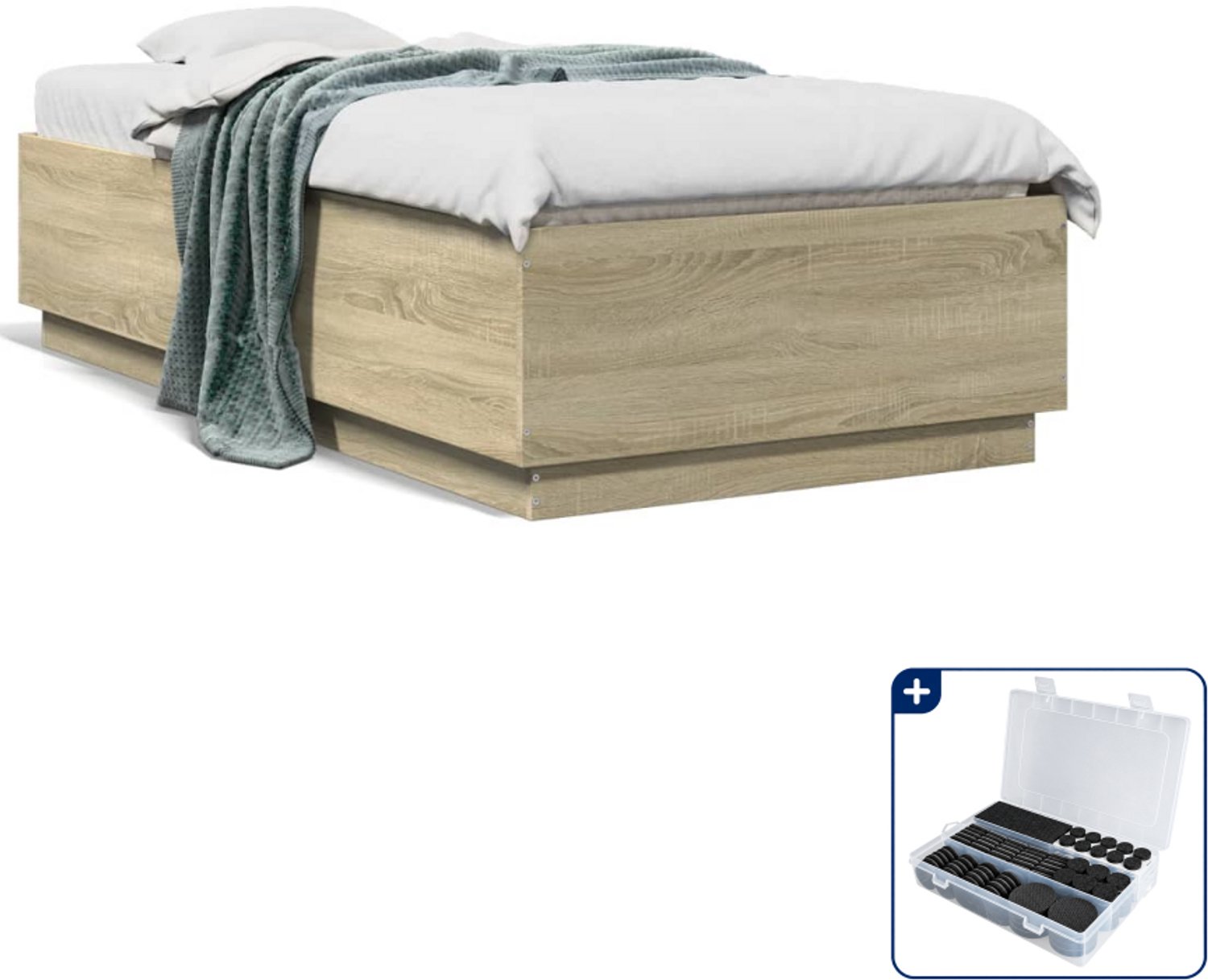vidaXL bedframe - 75 x 190 cm - bewerkt hout - sonoma eiken - Inclusief antikrasvilt 177-delig Zwart