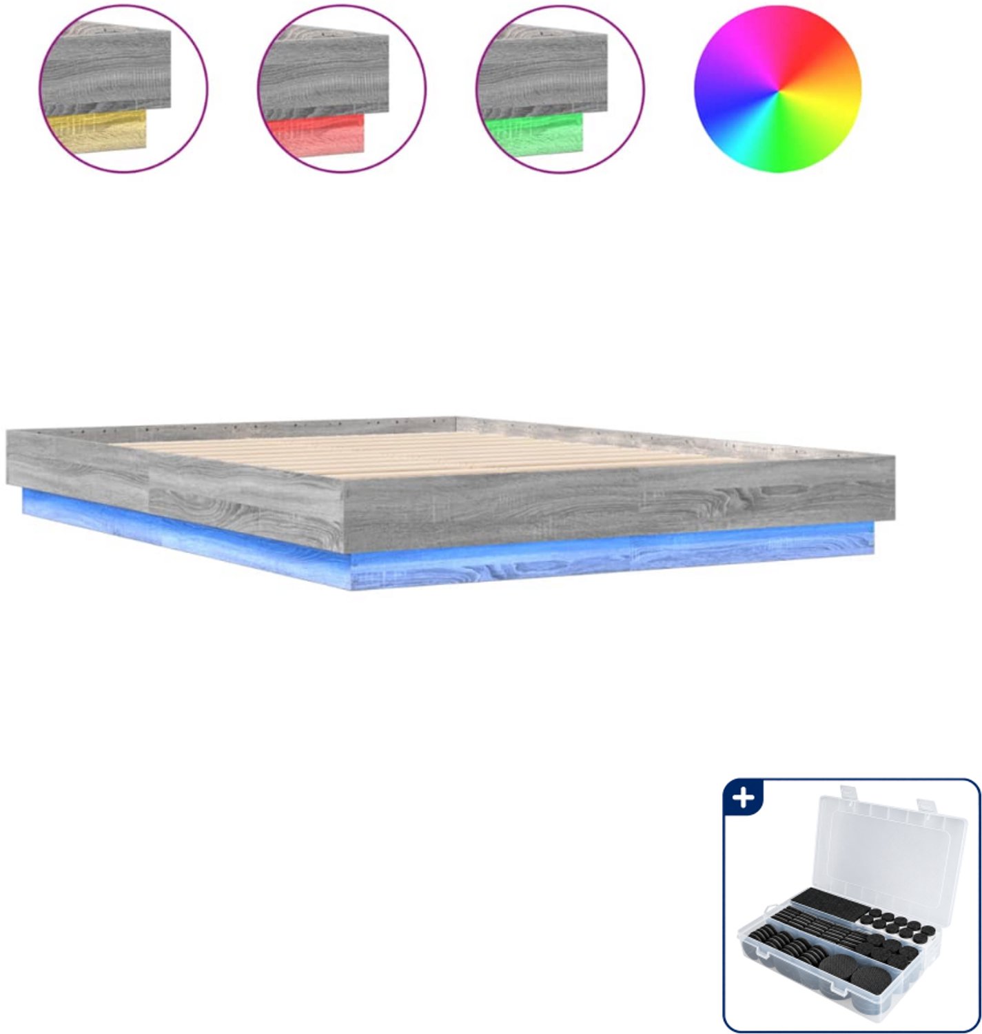 vidaXL Small double bedframe met led - 140 x 200 cm - grijs sonoma - Inclusief antikrasvilt 177-delig Blauw