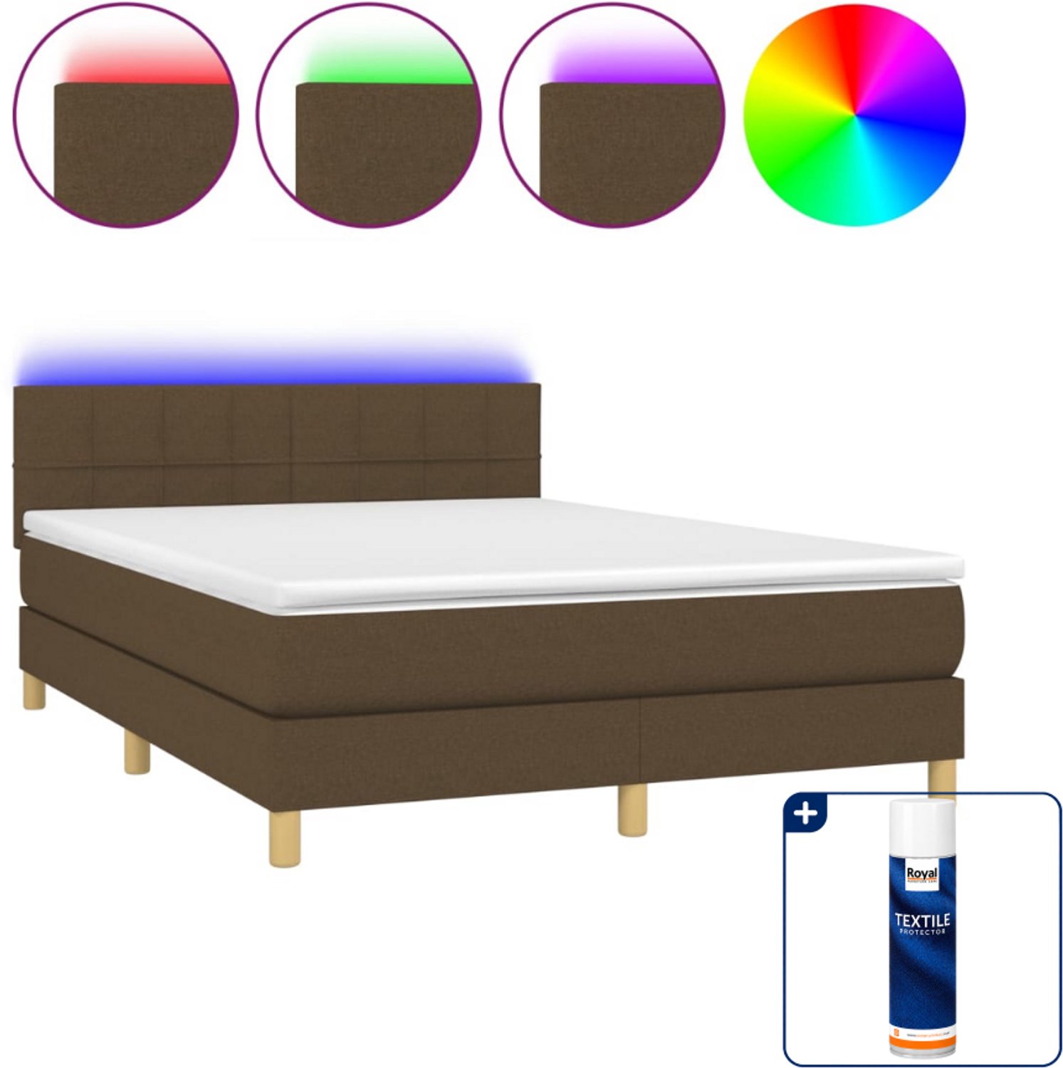 vidaXL boxspring met matras en LED - 140 x 190 cm - donkerbruin - Inclusief textielbeschermer 500 ml