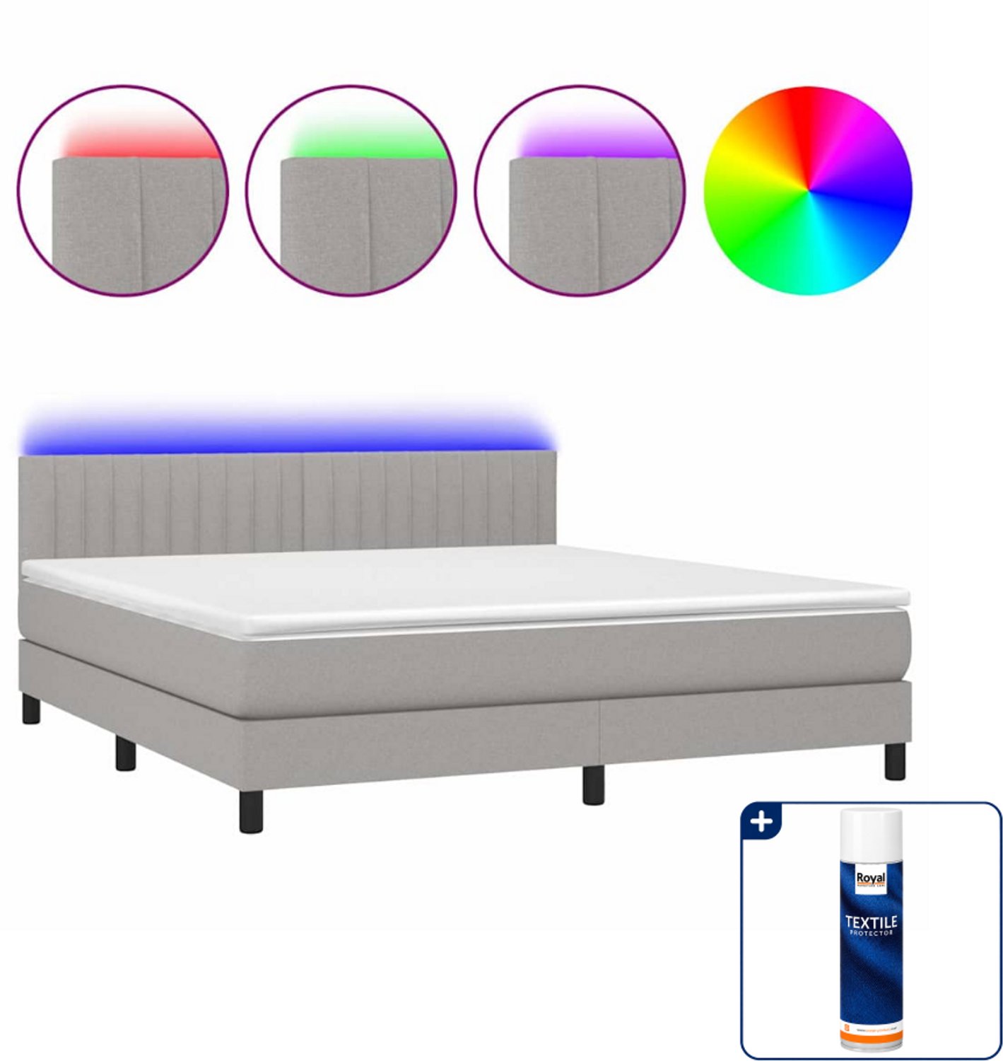 vidaXL boxspring met matras en LED - Kingsize - 180 x 200 cm - lichtgrijs - Inclusief textielbeschermer 500 ml