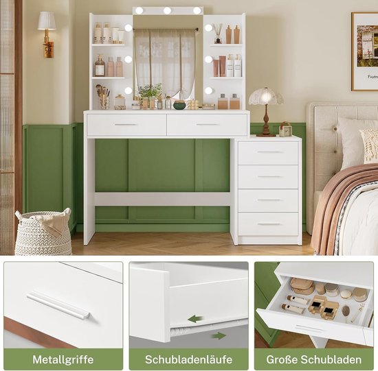 Kaptafel met spiegel en verlichting, 3 instelbare kleur- en helderheidsniveaus, kaptafel met laden, 4 open planken, wit, 6 laden