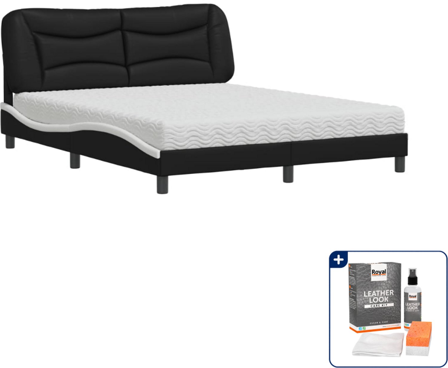 vidaXL Hvar bed met matras - Queensize - 160 x 200 cm - zwart en wit - Inclusief onderhoudsset voor kunstleer 150 ml Bruin