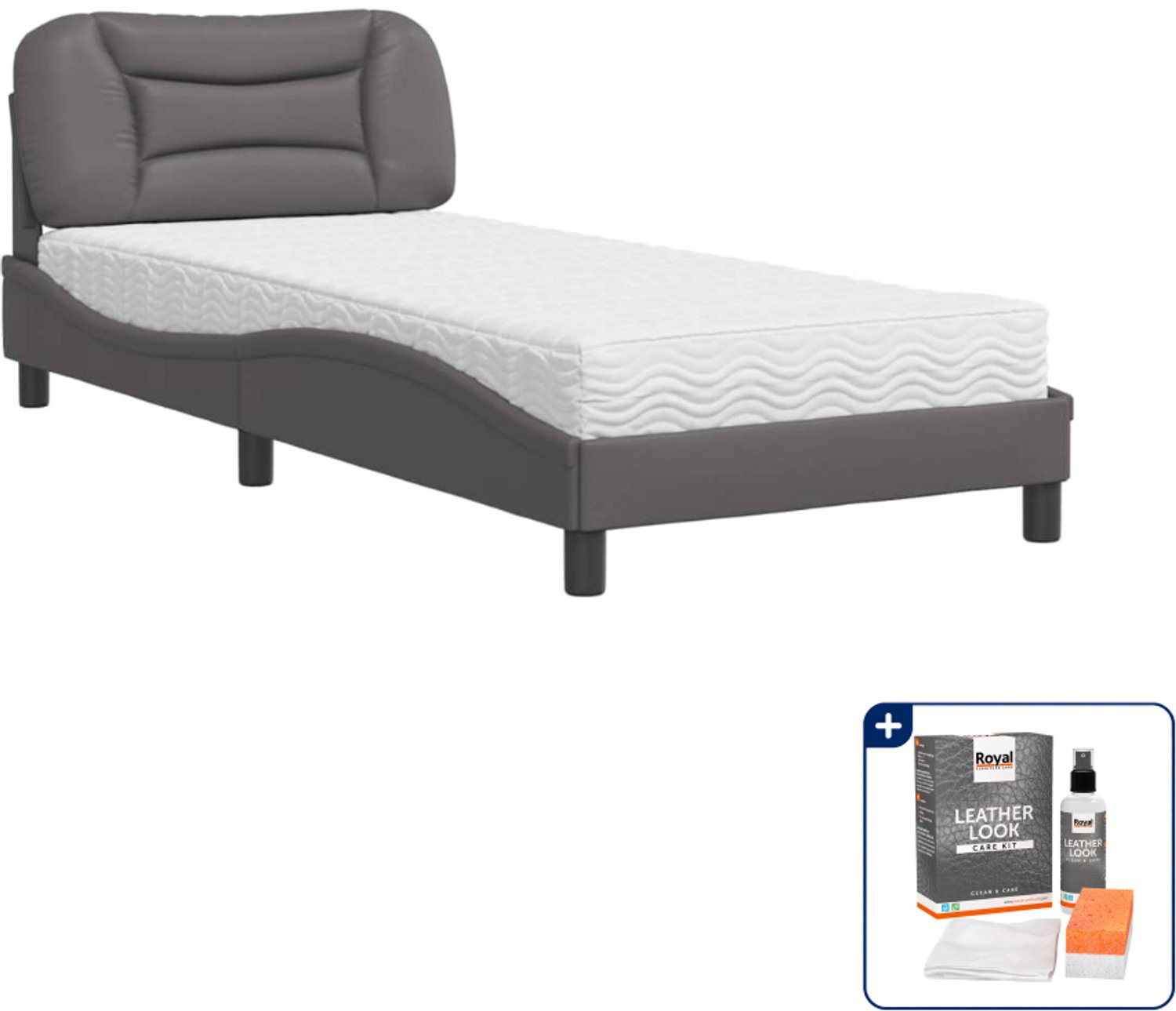 vidaXL Hvar bed met matras - 90 x 190 cm - kunstleer - grijs - Inclusief onderhoudsset voor kunstleer 150 ml Wit
