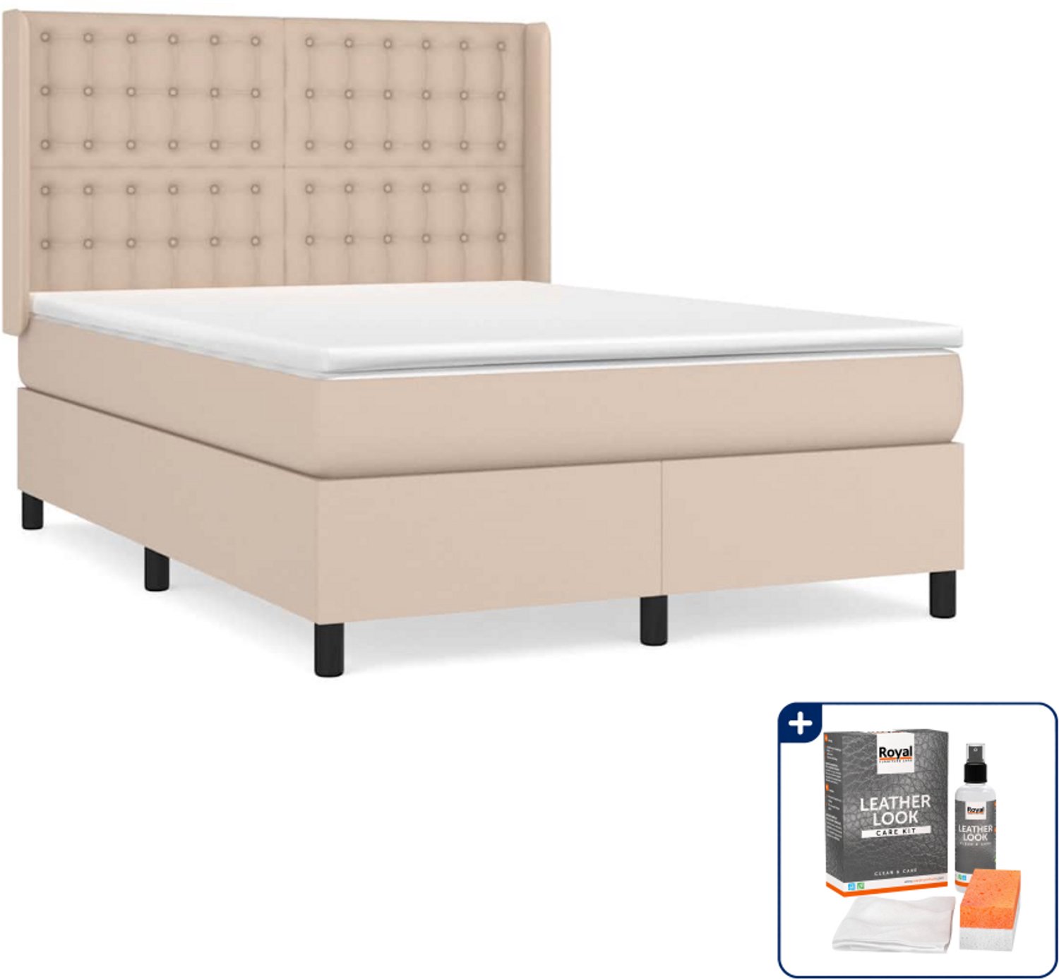 vidaXL Boxspring met matras - 140 x 190 cm - kunstleer - cappuccino - Inclusief onderhoudsset voor kunstleer 150 ml Bruin