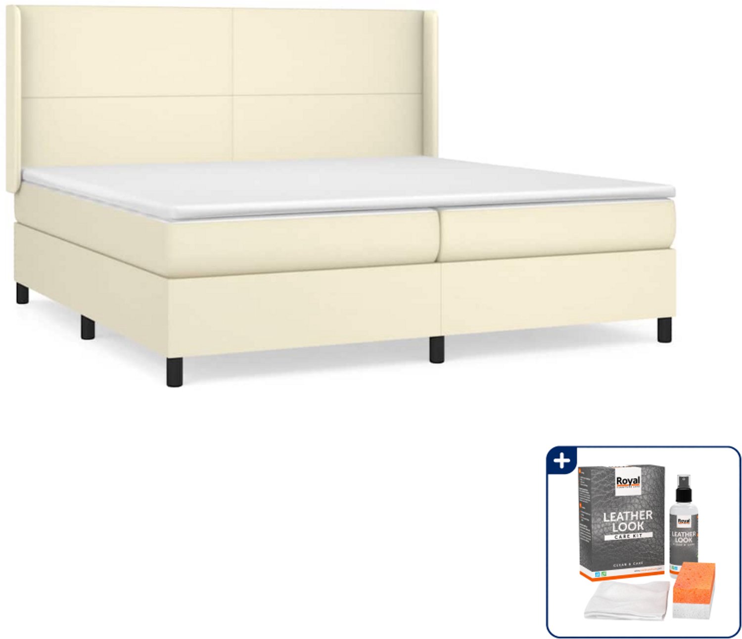 vidaXL Boxspring 200 x 200 cm - kunstleer - crème - Inclusief onderhoudsset voor kunstleer 150 ml