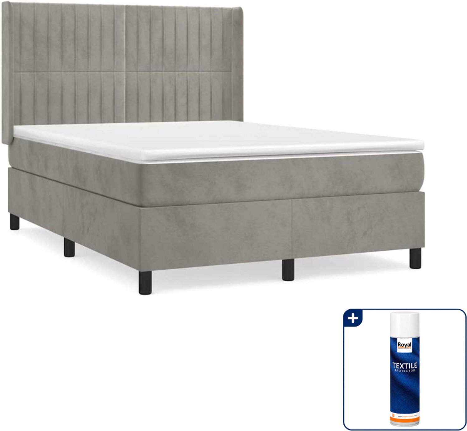 vidaXL boxspring met matras 140 x 190 cm - fluweel - lichtgrijs - Inclusief textielbeschermer 500 ml