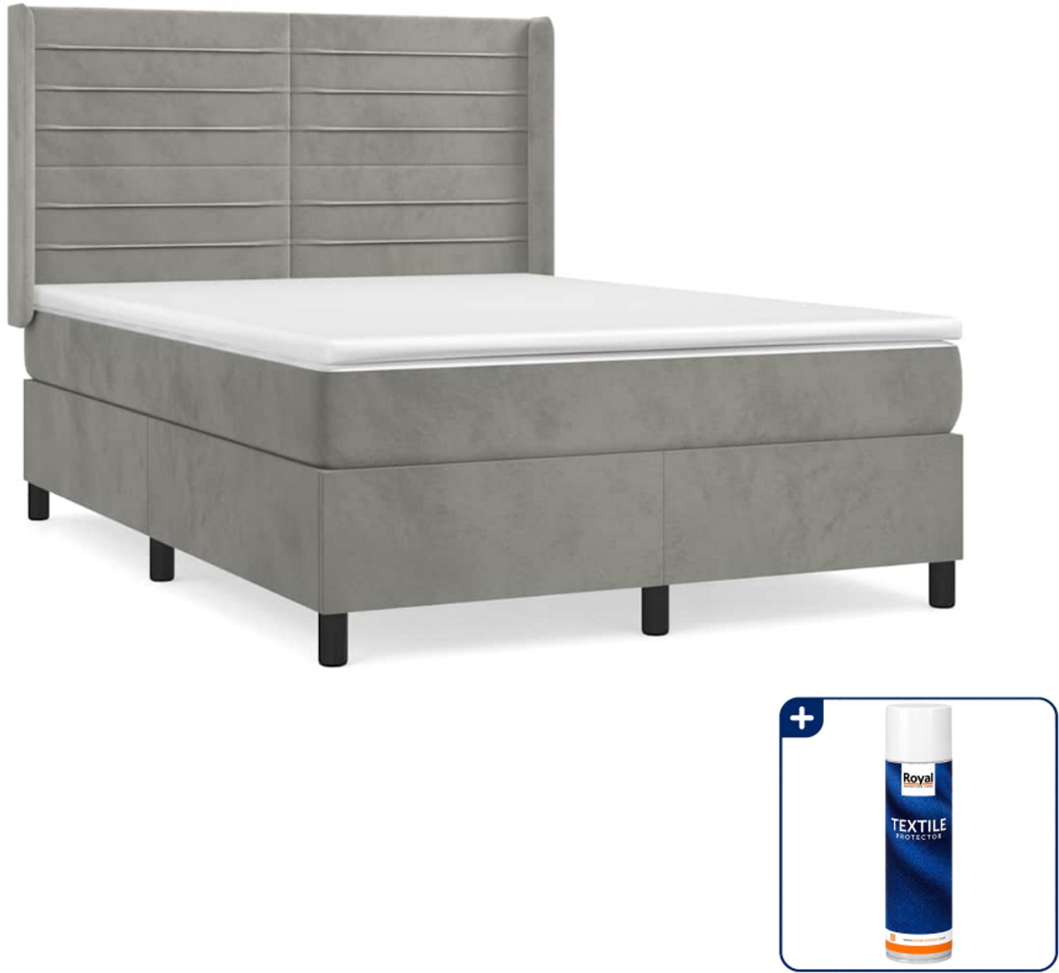 vidaXL boxspring met matras 140 x 190 cm - fluweel - lichtgrijs - Inclusief textielbeschermer 500 ml