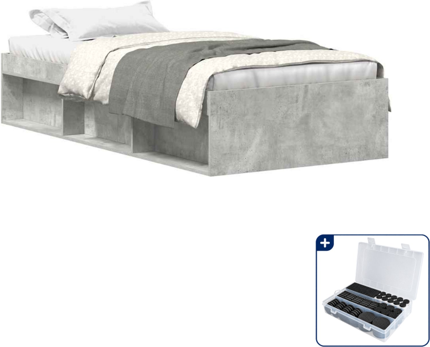 vidaXL bedframe - 90 x 200 cm - bewerkt hout en grenenhout - betongrijs - Inclusief antikrasvilt 177-delig