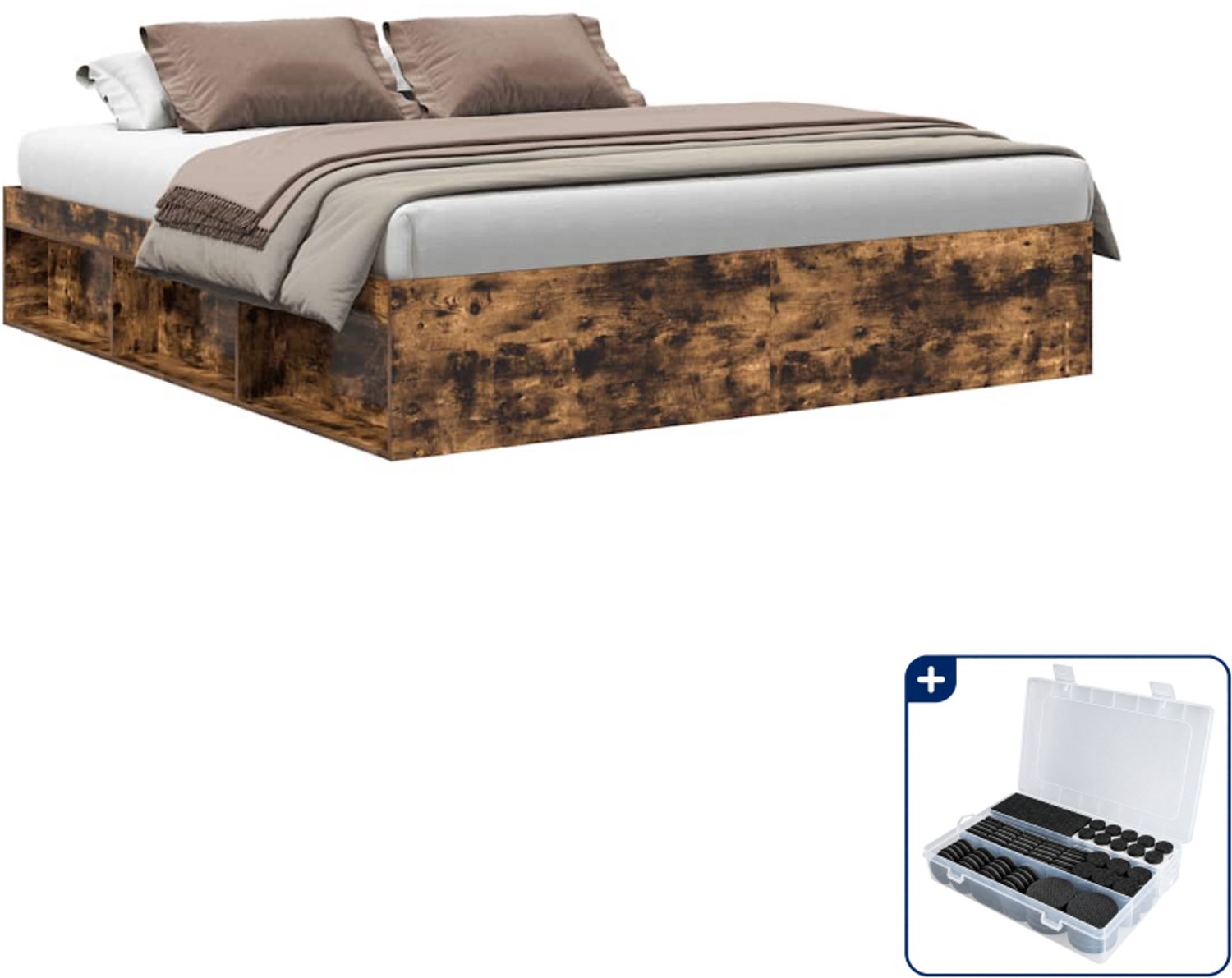vidaXL bedframe - 180 x 200 cm - gerookt eiken - Inclusief antikrasvilt 177-delig Grijs