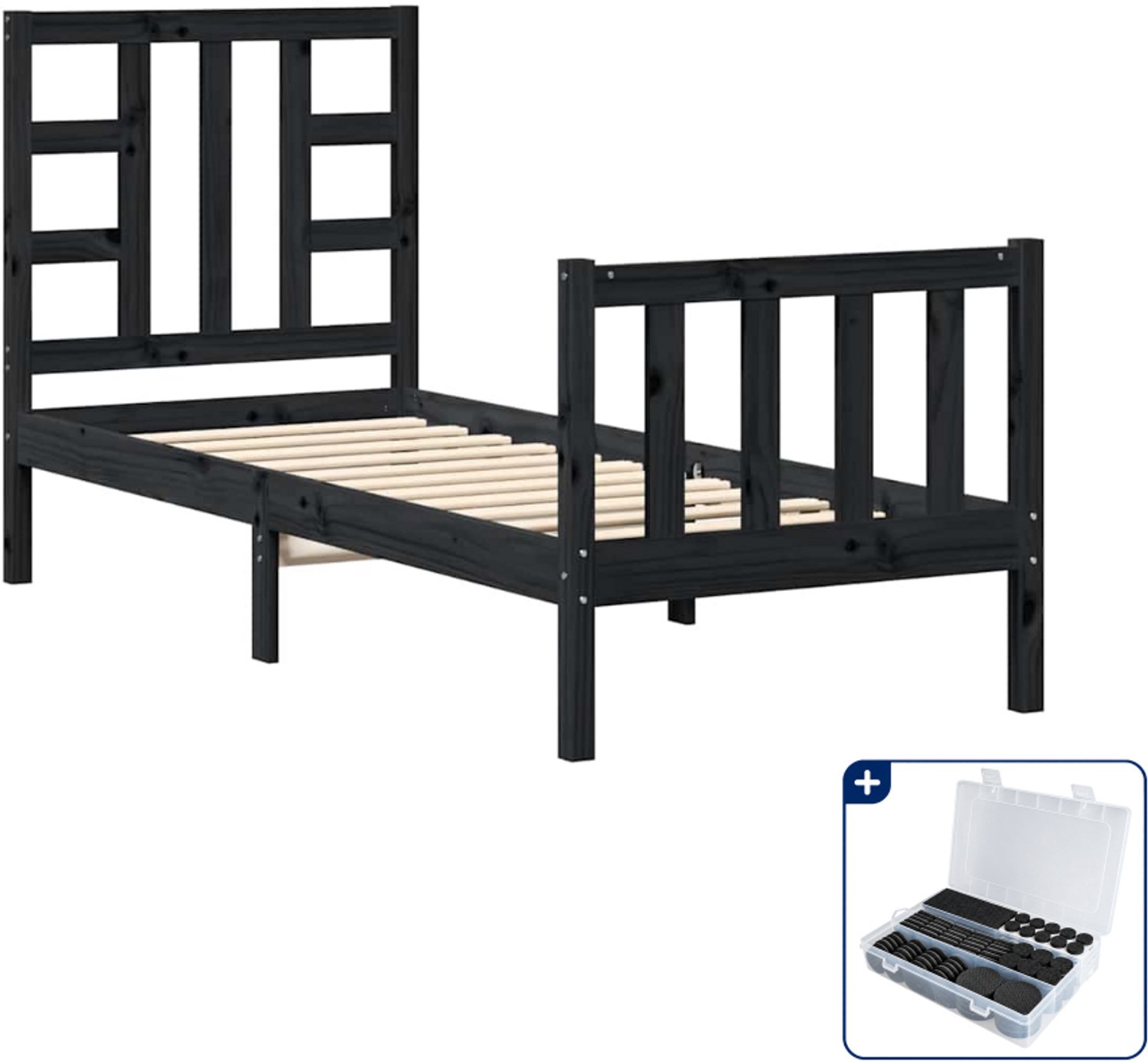 vidaXL bedframe met hoofdbord - 75 x 190 cm - massief grenenhout - zwart - Inclusief antikrasvilt 177-delig
