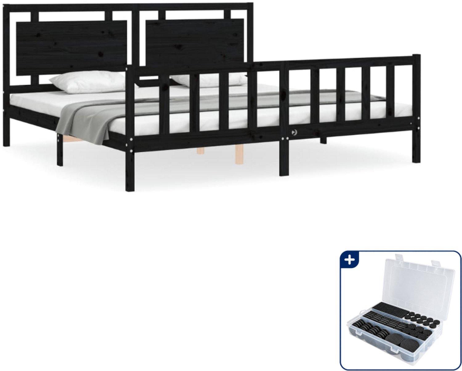 vidaXL bedframe met hoofdbord - 200 x 200 cm - massief grenenhout - zwart - Inclusief antikrasvilt 177-delig