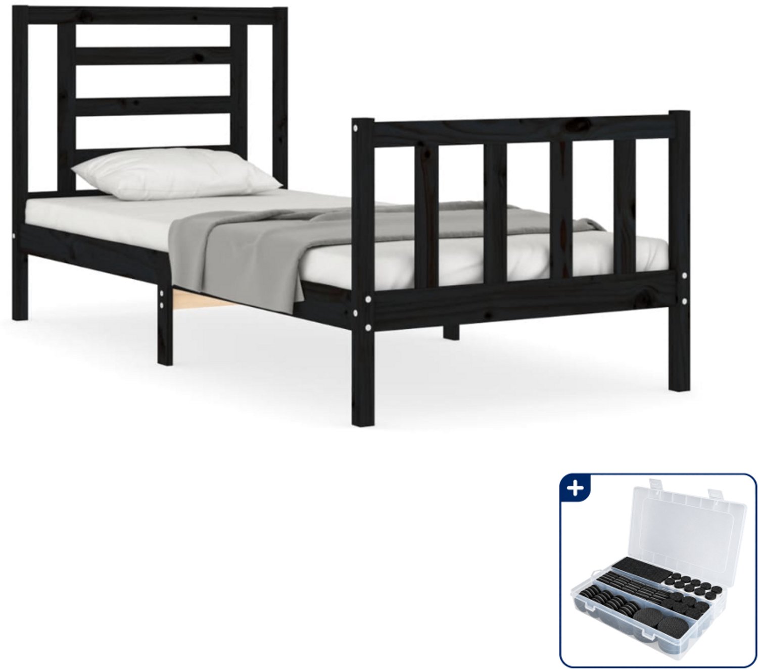 vidaXL Bedframe met hoofdbord - 75 x 190 cm - massief grenenhout - zwart - Inclusief antikrasvilt 177-delig