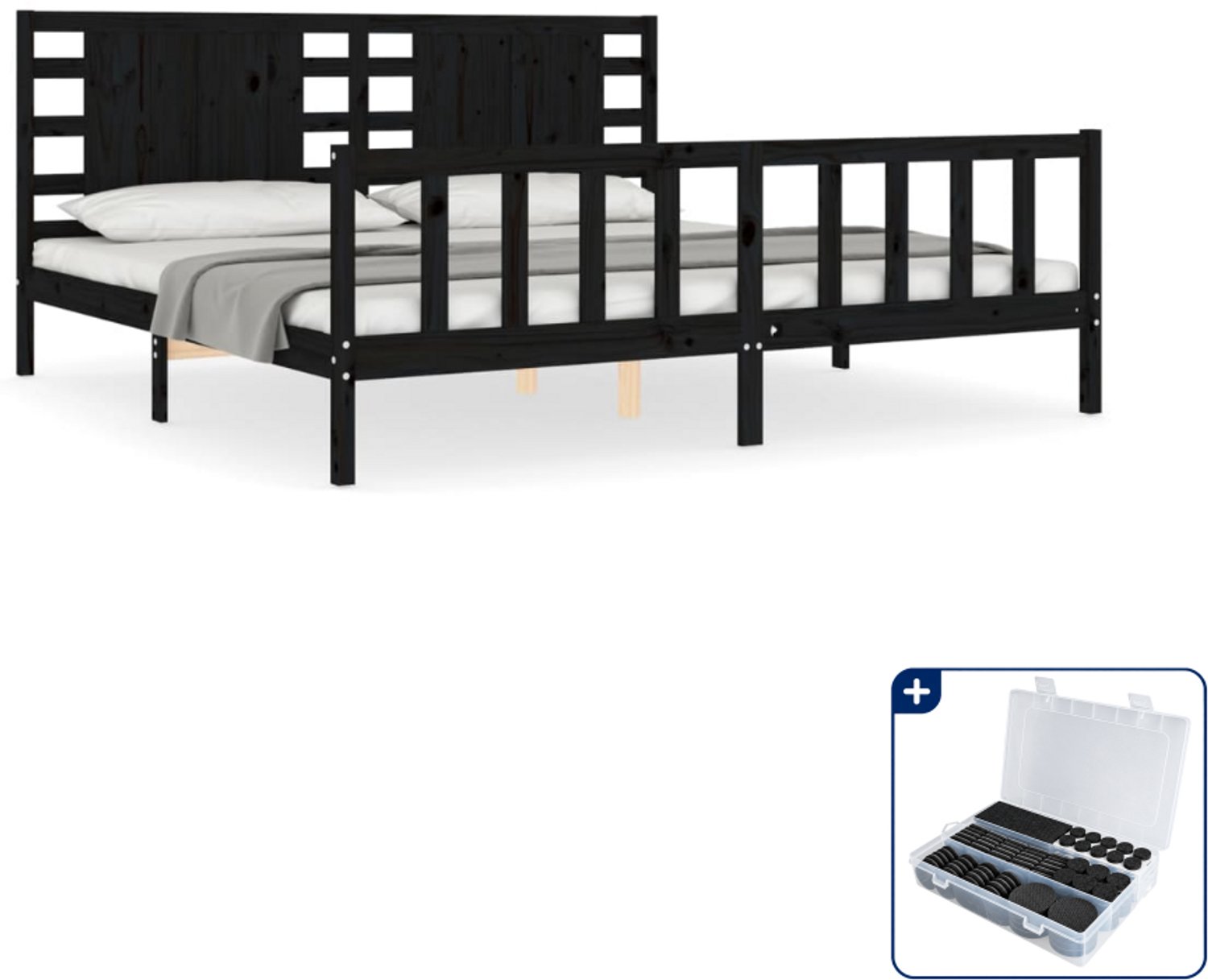 vidaXL bedframe met hoofdbord - 200 x 200 cm - massief grenenhout - zwart - Inclusief antikrasvilt 177-delig