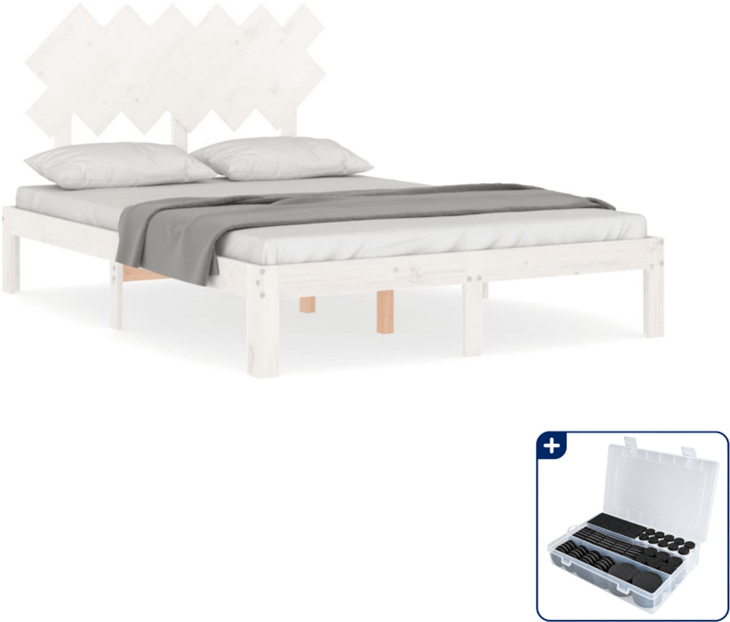 vidaXL bedframe met hoofdbord - 135 x 190 cm - grenenhout - wit - Inclusief antikrasvilt 177-delig