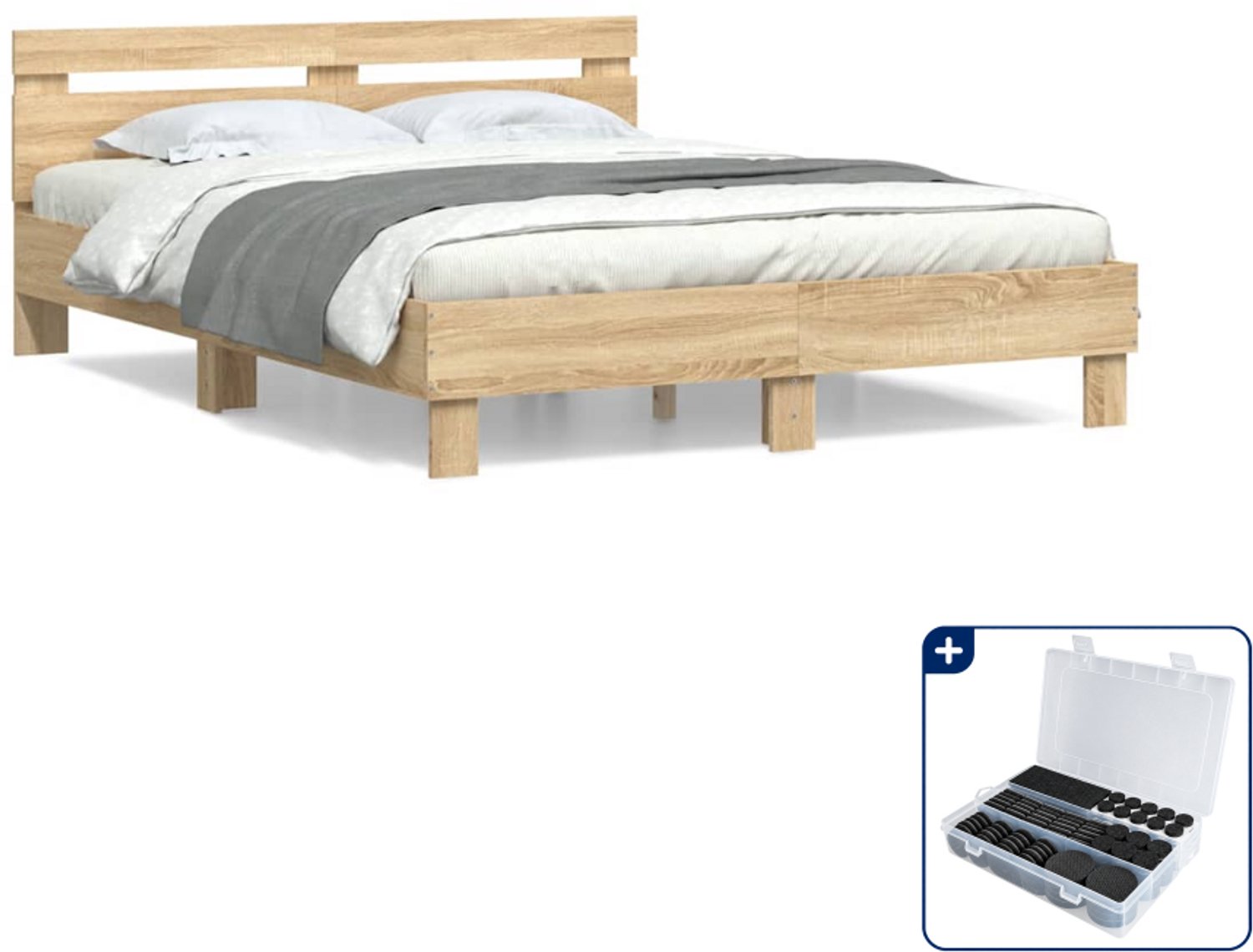 vidaXL bedframe - 150 x 200 cm - bewerkt hout - sonoma eiken - Inclusief antikrasvilt 177-delig Groen