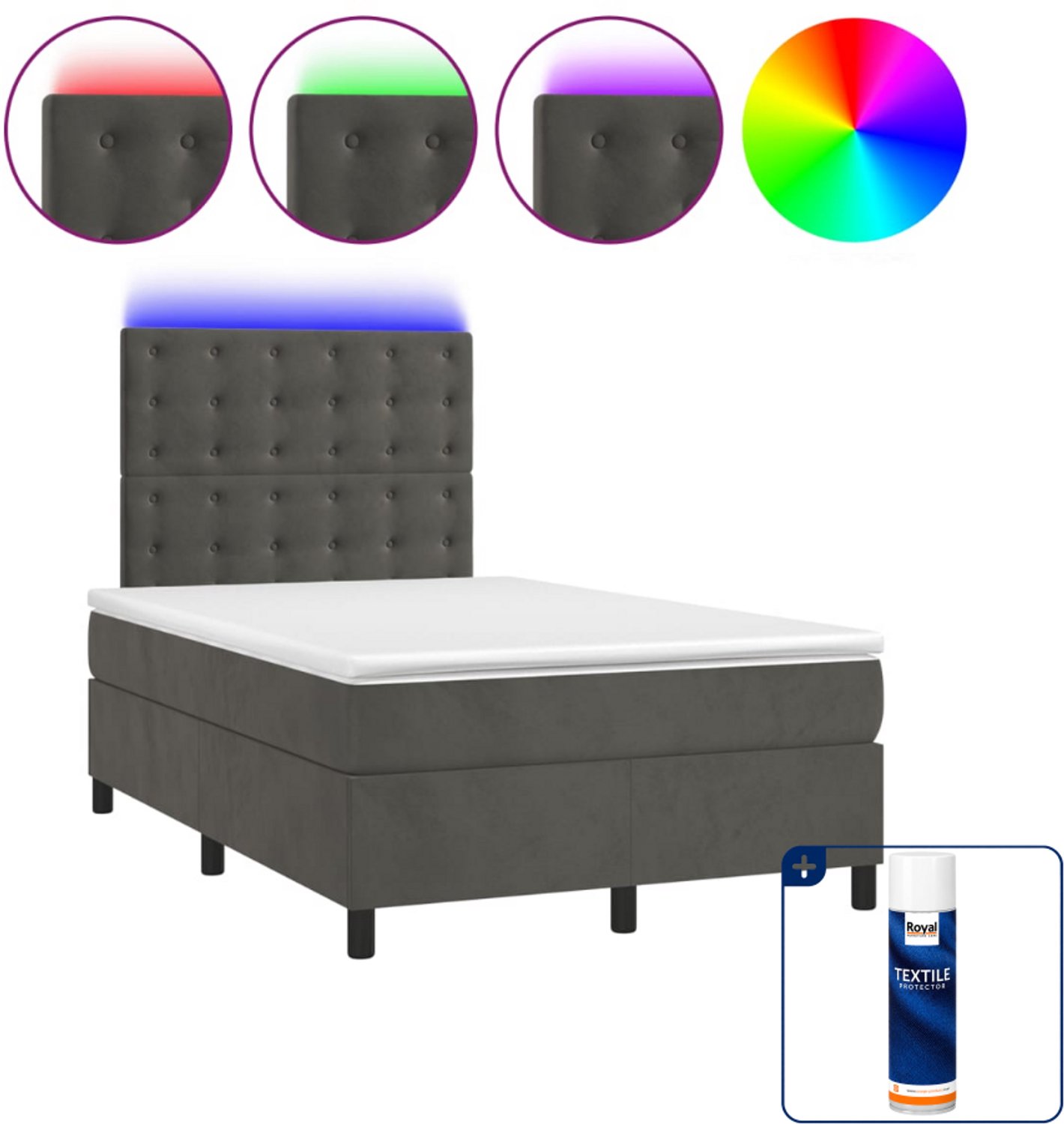 vidaXL boxspring met matras en LED - 120 x 190 cm - fluweel - donkergrijs - Inclusief textielbeschermer 500 ml