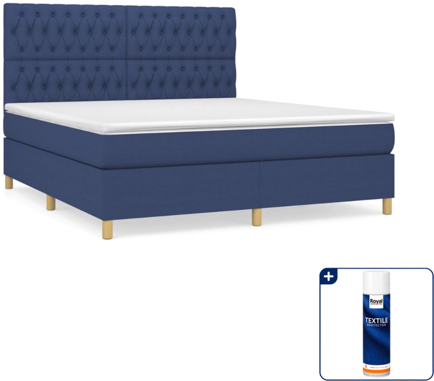 vidaXL boxspring met matras Kingsize - 180 x 200 cm - blauw - Inclusief textielbeschermer 500 ml