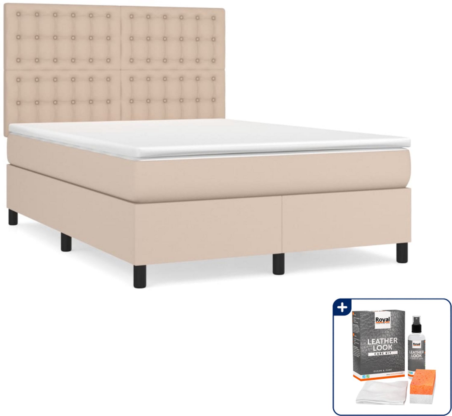 vidaXL Boxspring met matras - 140 x 190 cm - kunstleer - cappuccino - Inclusief onderhoudsset voor kunstleer 150 ml Bruin