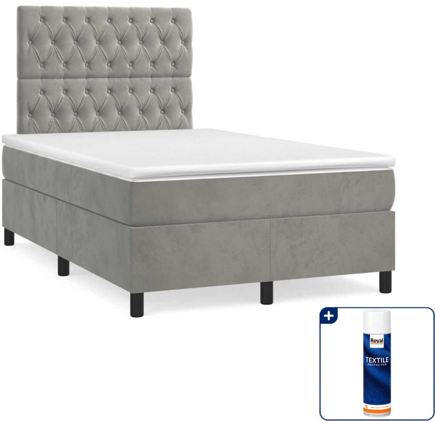 vidaXL boxspring met matras - 120 x 200 cm - fluweel - lichtgrijs - Inclusief textielbeschermer 500 ml