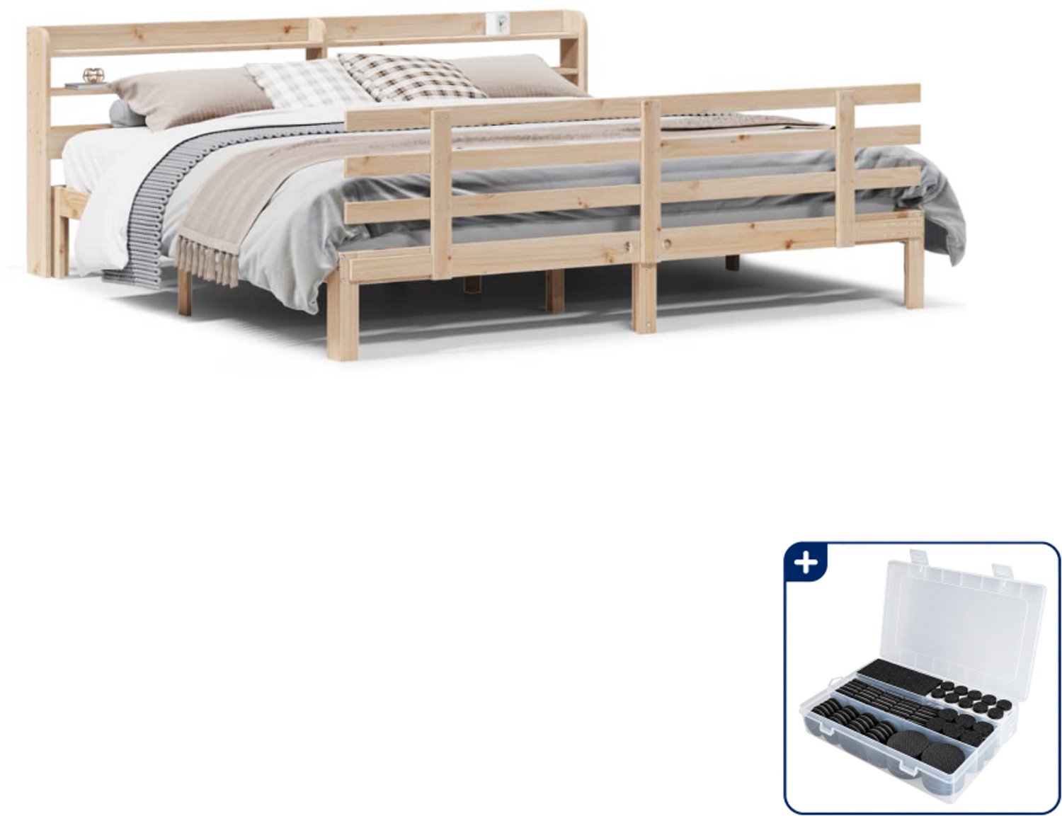 vidaXL Bedframe met hoofdbord - 200 x 200 cm - massief grenenhout - Inclusief antikrasvilt 177-delig Bruin