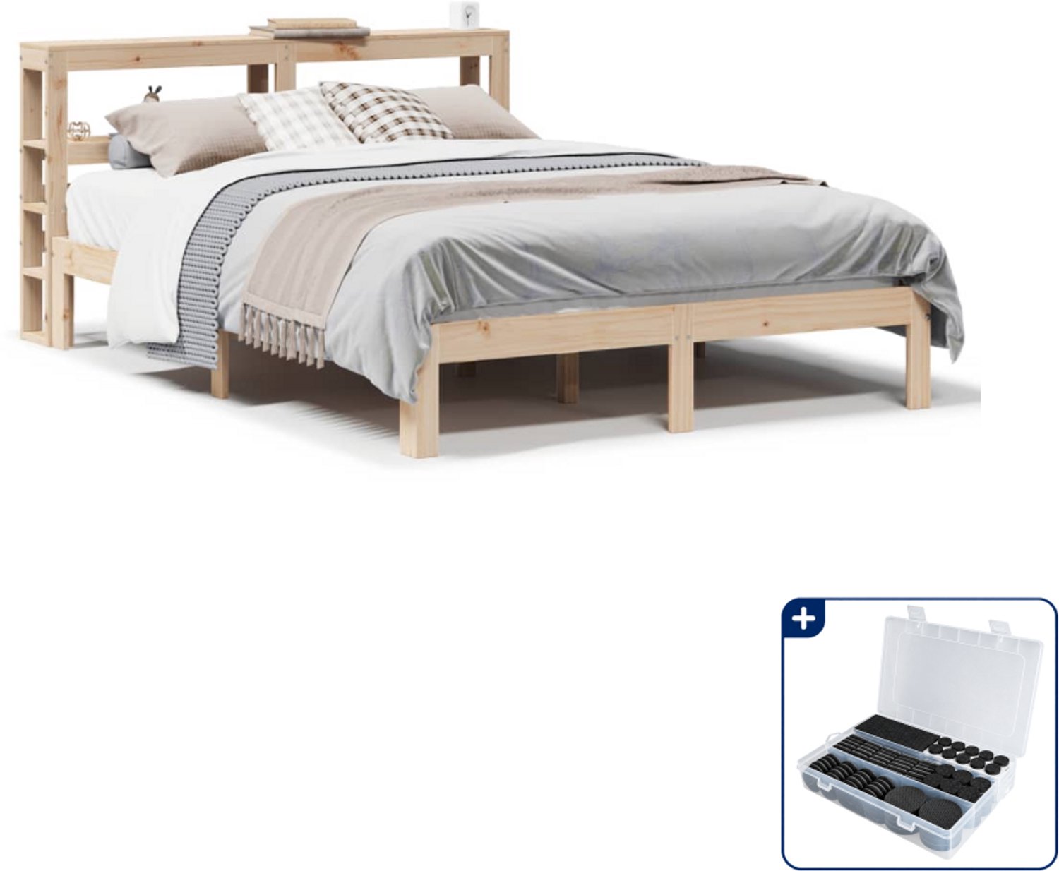 vidaXL Bedframe met hoofdbord - 150 x 200 cm - massief grenenhout - Inclusief antikrasvilt 177-delig Bruin