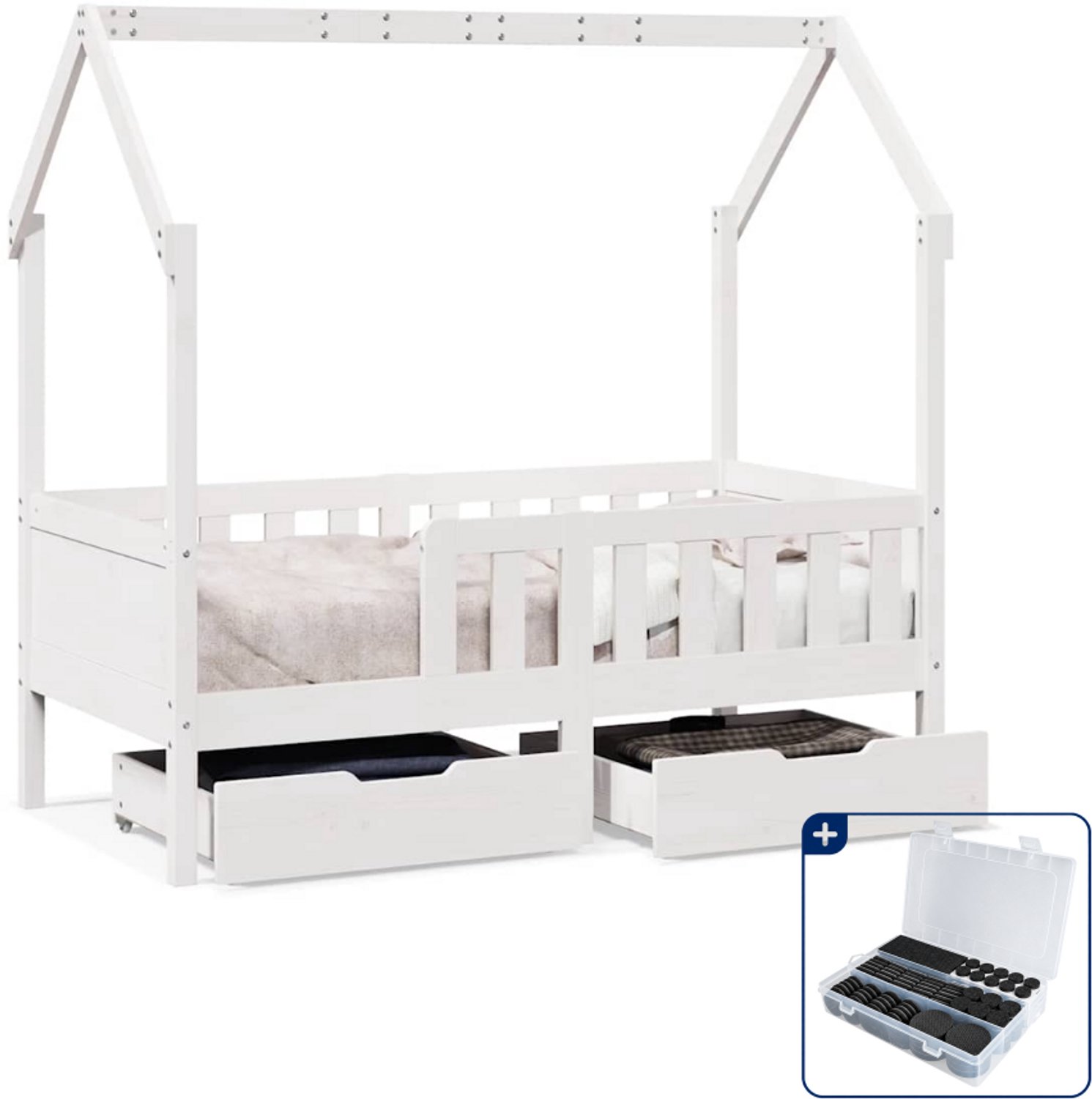vidaXL kinderbed met 2 lades - 80 x 160 cm - massief grenenhout - wit - Inclusief antikrasvilt 177-delig