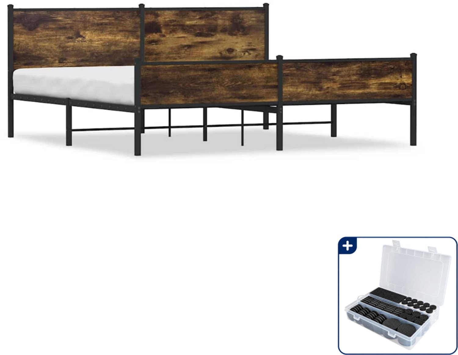 vidaXL bedframe - 193 x 203 cm - staal en bewerkt hout - gerookt eiken - Inclusief antikrasvilt 177-delig Bruin