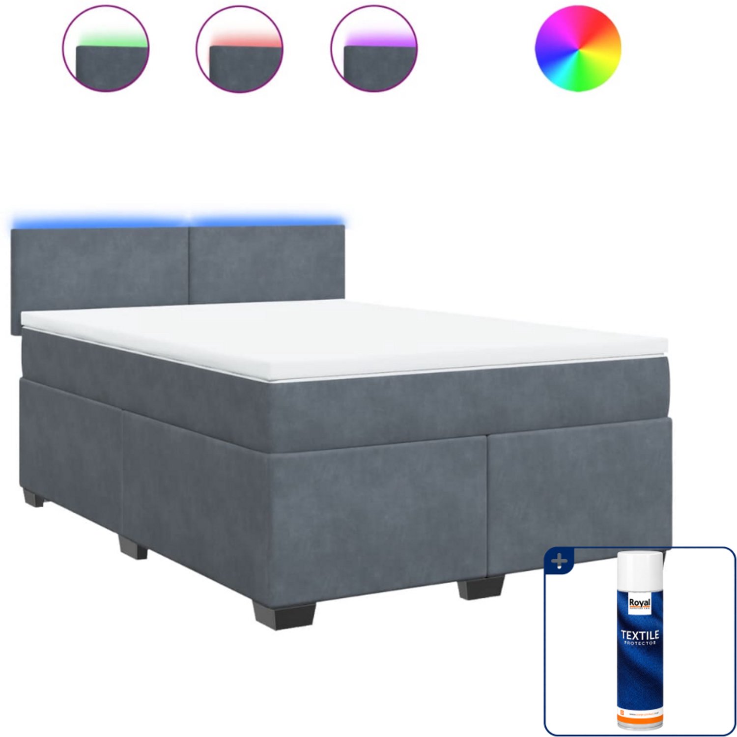 vidaXL Boxspring met matras - 140 x 190 cm - fluweel - donkergrijs - Inclusief textielbeschermer 500 ml