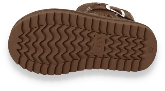 Bruine zool van een Wrangler-laars met profiel voor grip en 'Wrangler'-merknaam in het midden.