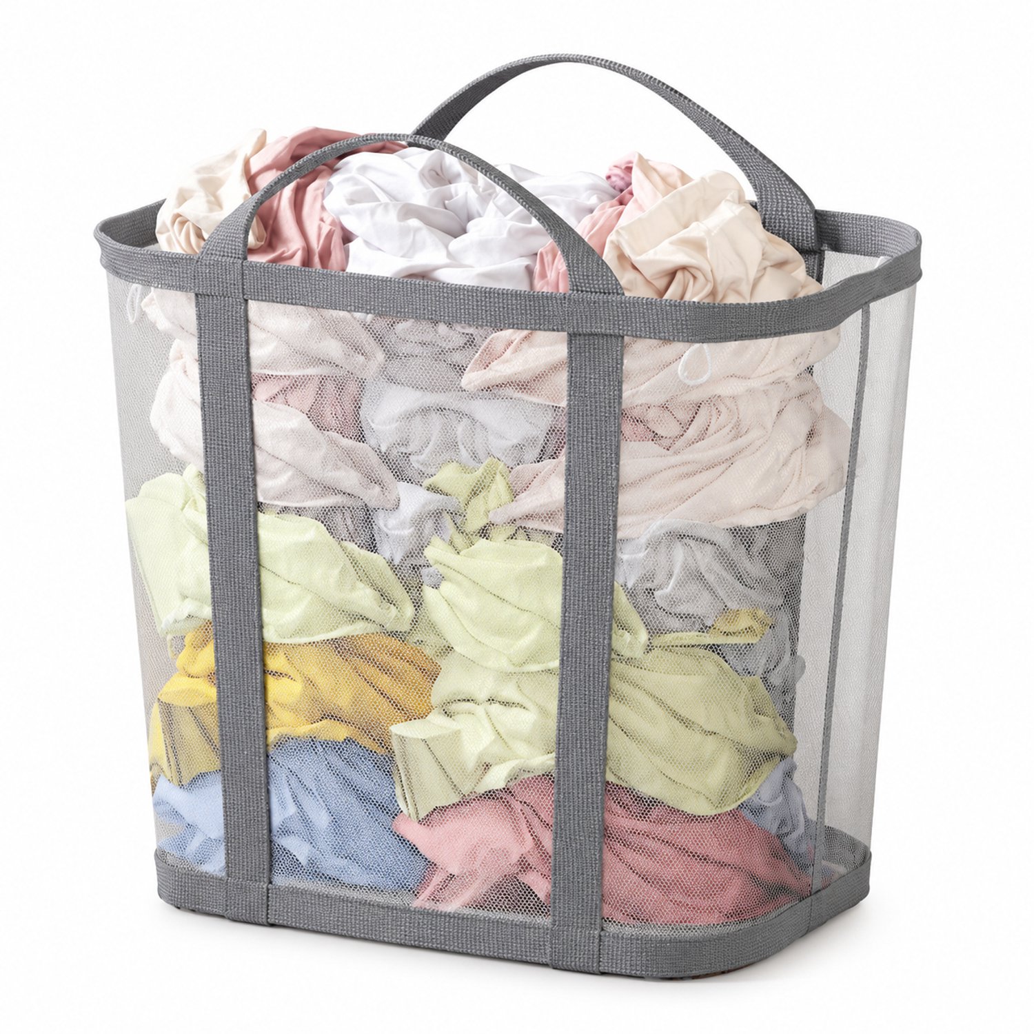 Grijze opvouwbare wasmand groot, 35 x 22 x 37 cm, met gaaswanden en twee draaglussen, voor wasgoed en speelgoed