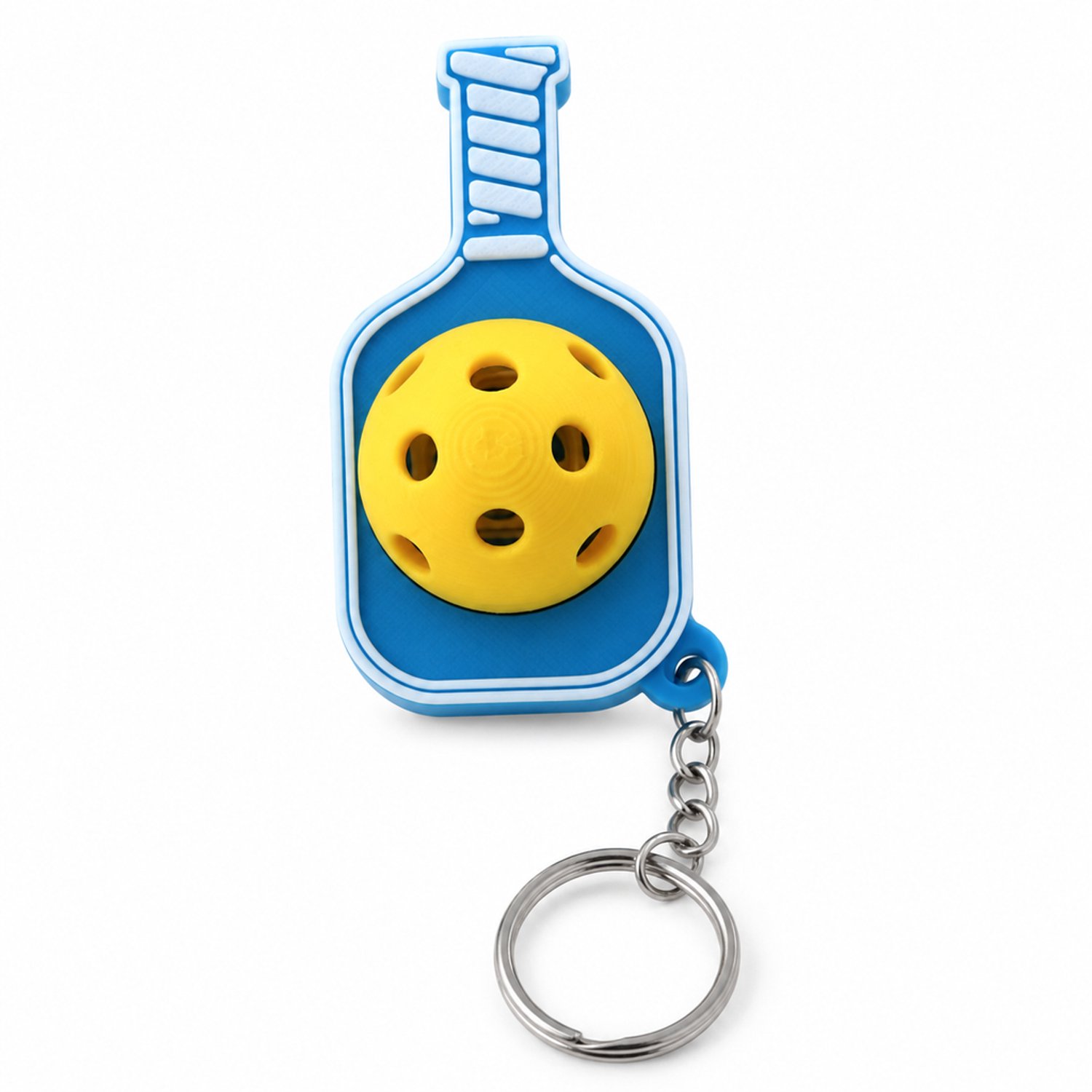 Sleutelhanger pickleball - blauwe paddle met gele bal, 3D-geprint, met korte ketting en sleutelring