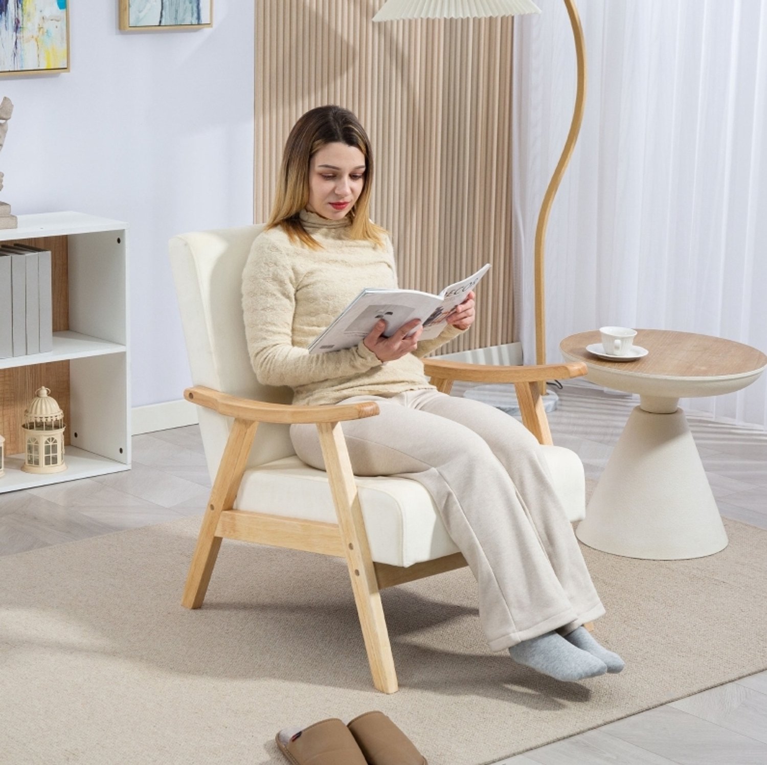 DESMIU Fauteuil 65 x 80 x 83 cm - Met Armleuningen en Dik Zitkussen - Voor Woonkamer en Slaapkamer - Polyester en Hout - Crèmewit