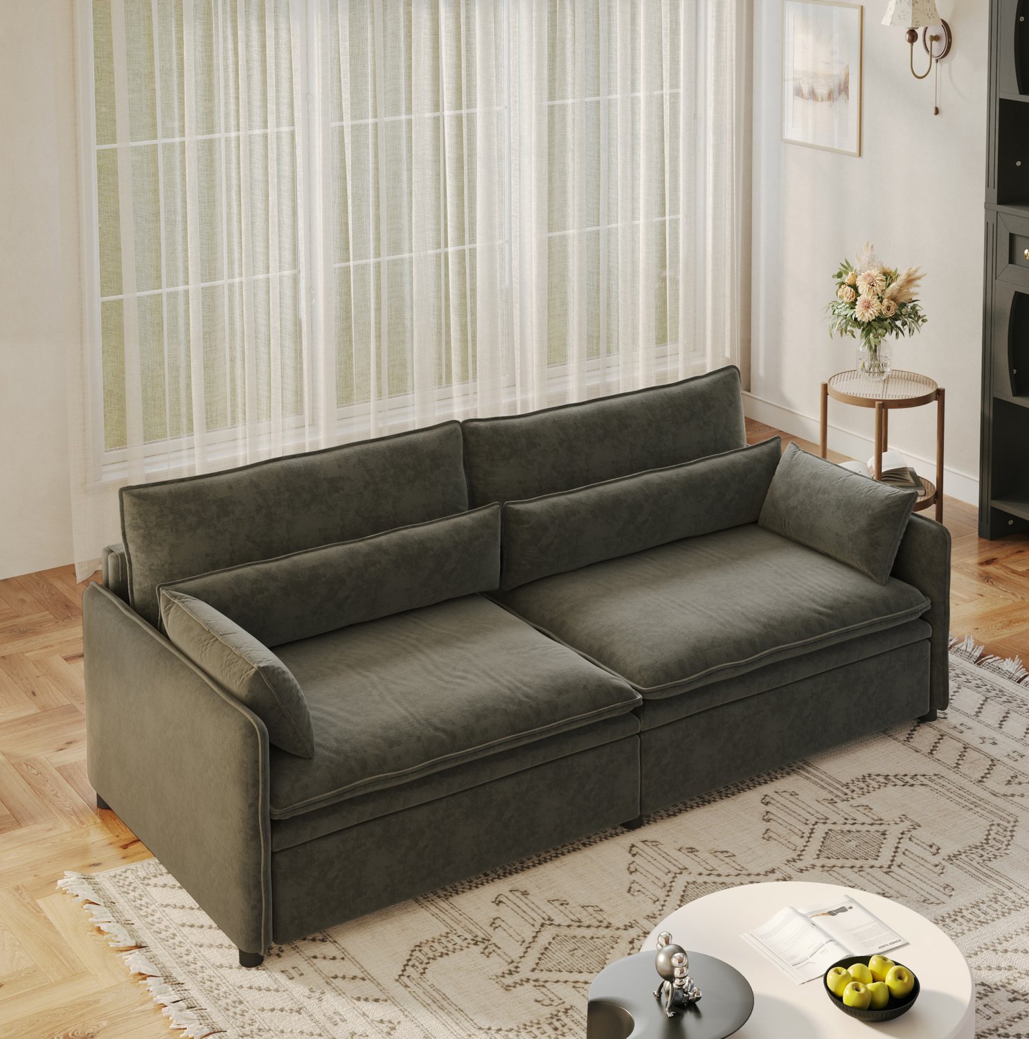 MODENUIT Slaapbank 206 x 91 x 86 cm - 3-Zits Met Bed En Opbergruimte - Woonkamer - Chenille - Donkergrijs