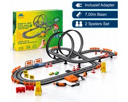 CosmoToys Elektrische Racebaan - 7 METER - 2 Spelers - Met Adapter & Verkeersbordenset - Incl. Looping & Rondeteller - Autobaan Speelgoed voor Kinderen - Kinderspeelgoed