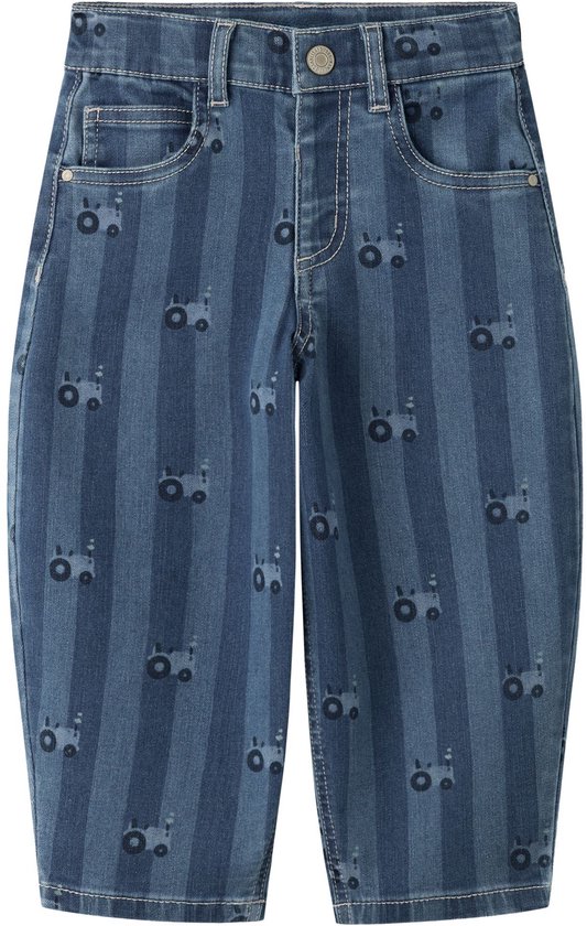 Blauwe jeans in barrel-pasvorm met verticale strepen en een all-over tractorprint.
