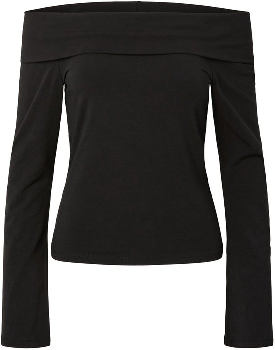 Zwarte off-shoulder top met lange mouwen en een brede halslijn.