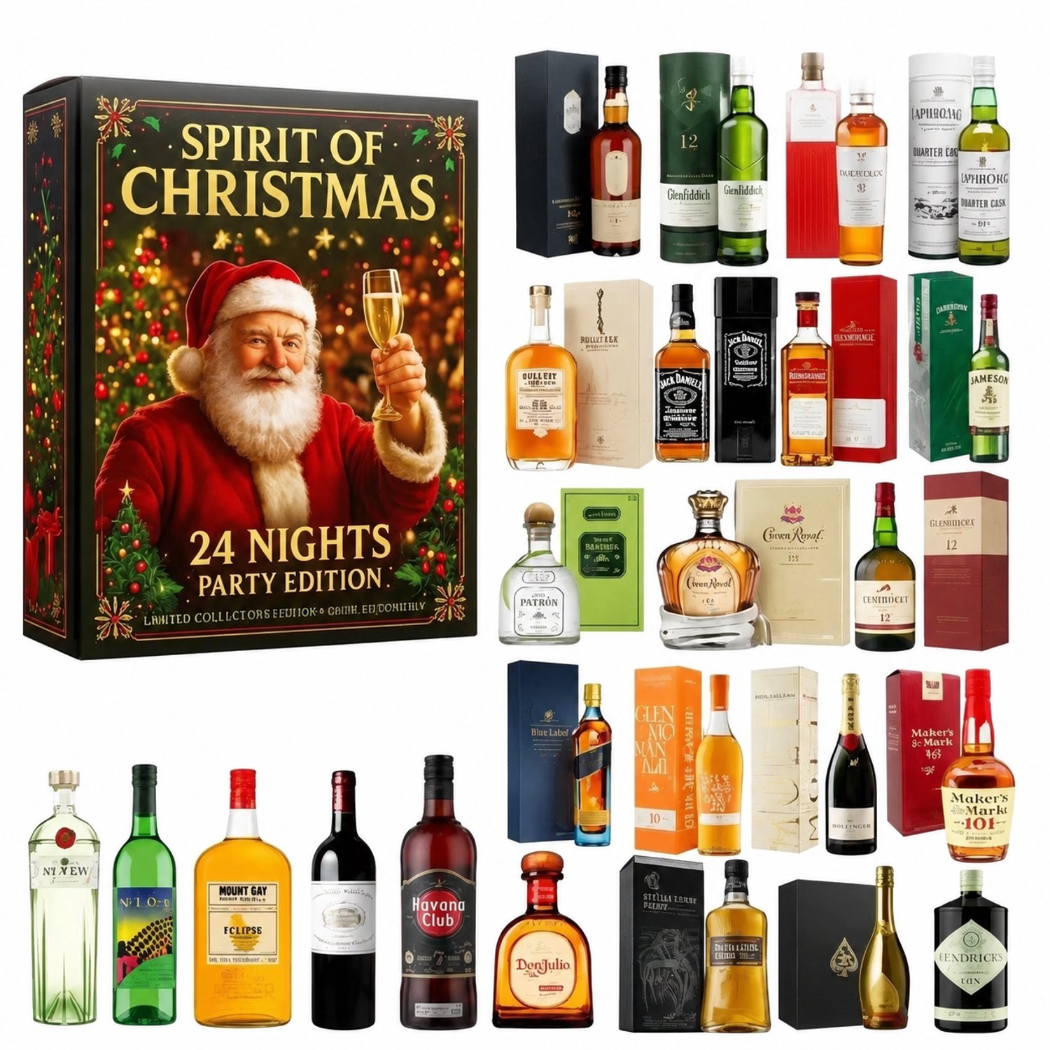 Adventskalender voor 24 dagen met kerstmanillustratie en decoratieve flesvormen, in doos