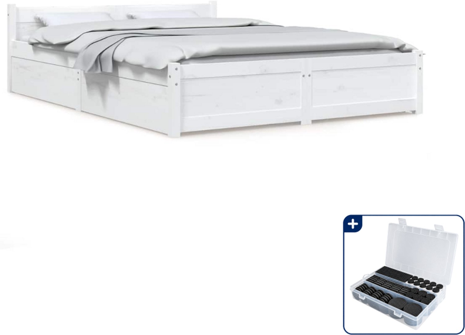 vidaXL bedframe met lades - 140 x 190 cm - massief grenenhout - wit - Inclusief antikrasvilt 177-delig