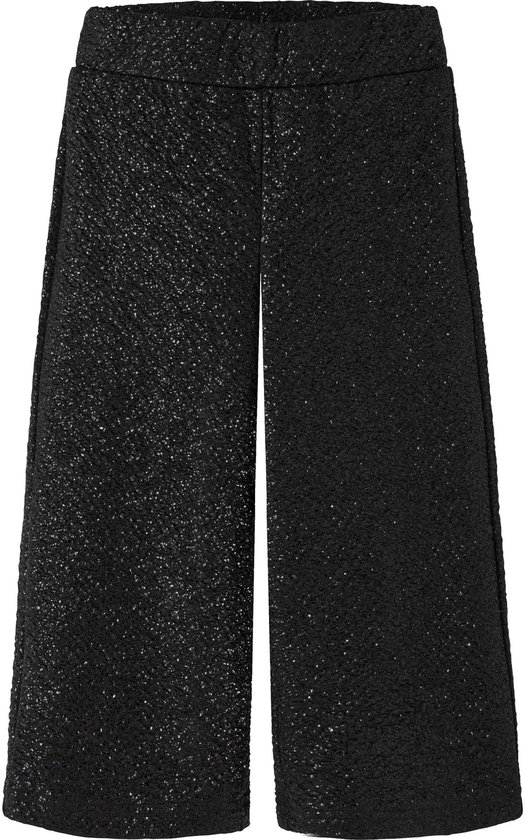 Zwarte wide leg broek met een textuur van subtiele glitters en een elastische tailleband.