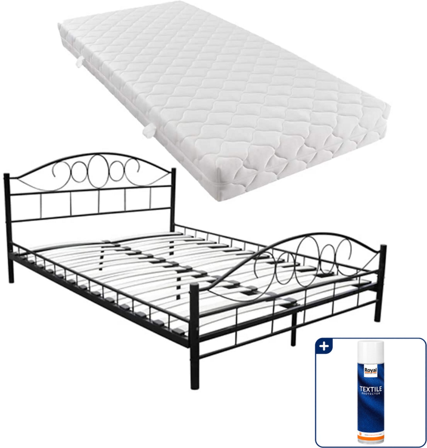 vidaXL Kingsize bed met matras - 180 x 200 cm - metaal - zwart - Inclusief textielbeschermer 500 ml