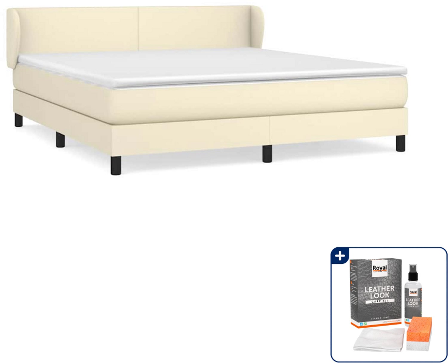 vidaXL boxspring met matras Kingsize - 180 x 200 cm - crème - Inclusief onderhoudsset voor kunstleer 150 ml