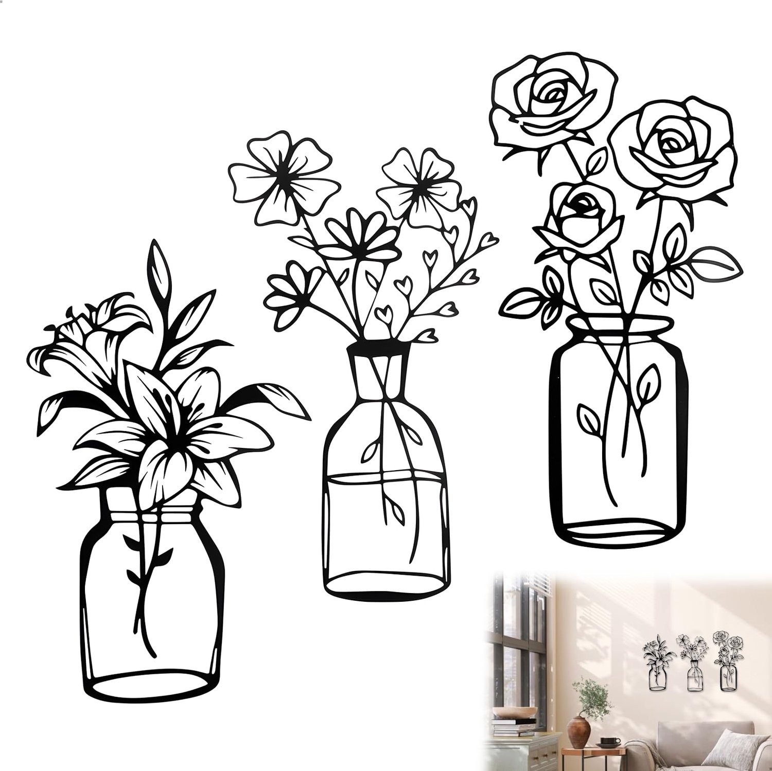 Famanu – Set van 3 metalen wanddecoraties, moderne en elegante wandkunst voor woonkamer, slaapkamer en keuken, perfect voor het toevoegen van stijl aan je interieur