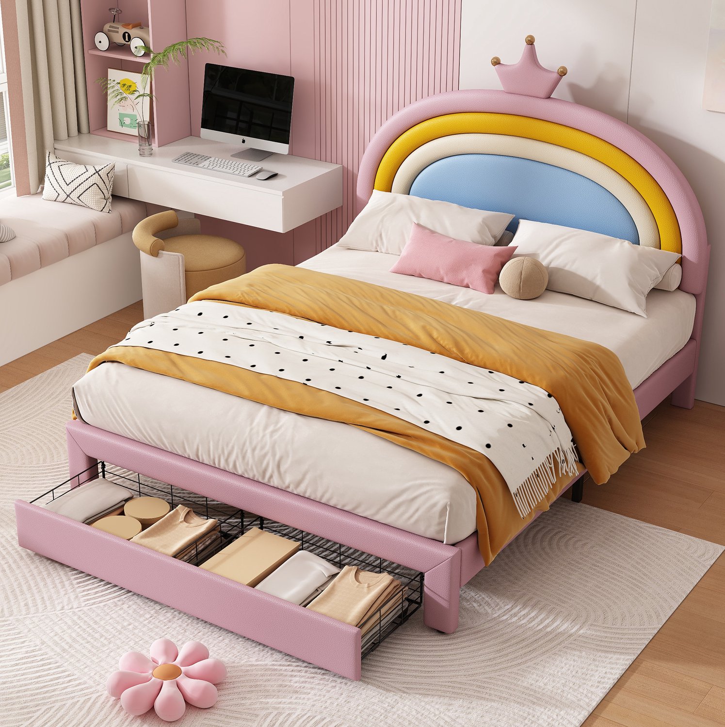 Wishdor Kinderbed 140x200 cm - Regenbooghoofdbord met kroon - Hoofdbord in twee hoogtes verstelbaar - Bedlade aan het voeteneind - Kunstleren bekleding - Roze - Kinderkamer en jeugdkamer