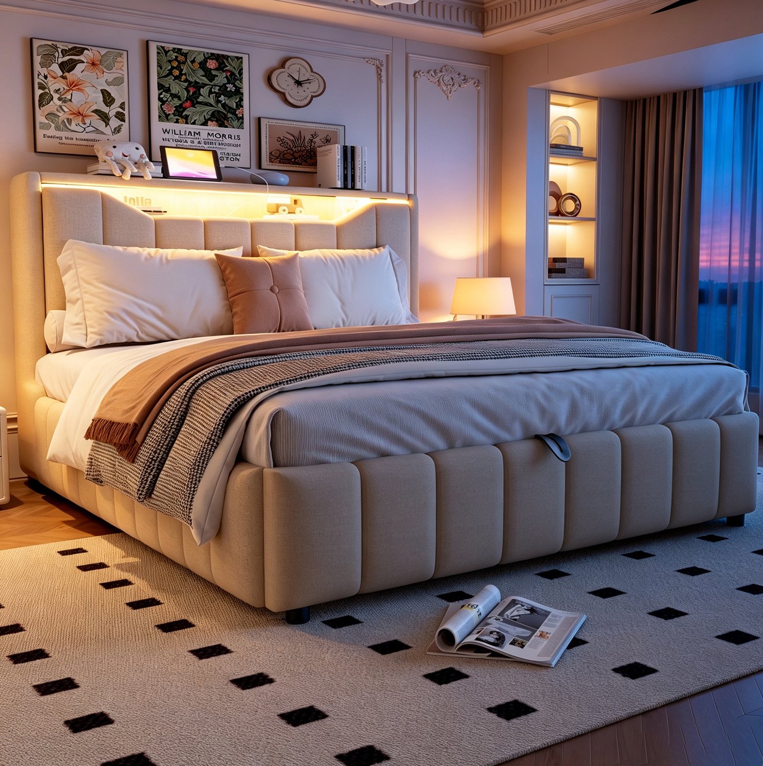 Wishdor Tweepersoonsbed 140x200 cm - Hydraulische opbergruimte onder het bed - Opbergvakken in hoofdbord - LED-verlichting en USB-aansluitingen - Metalen lattenbodem - Linnen stof - Beige